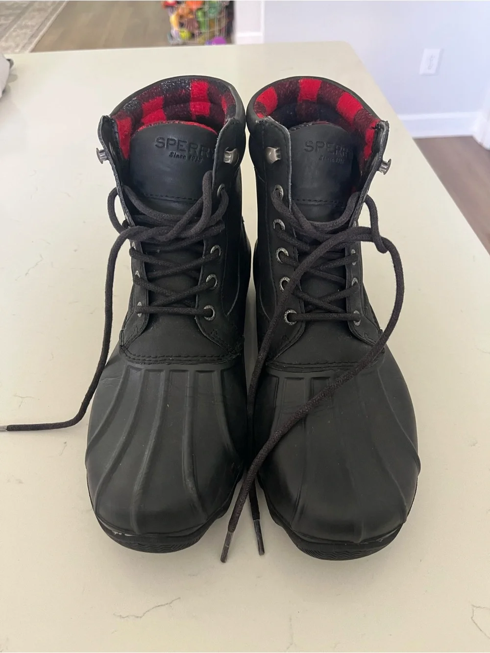Sperry Black Rain & Snow Duck Boots with Red Plaid Lining
